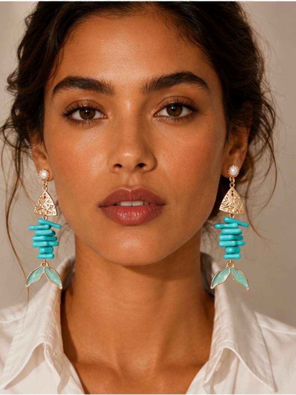 Turquoise Bead Drop Earrings with Gold Accents NWOT